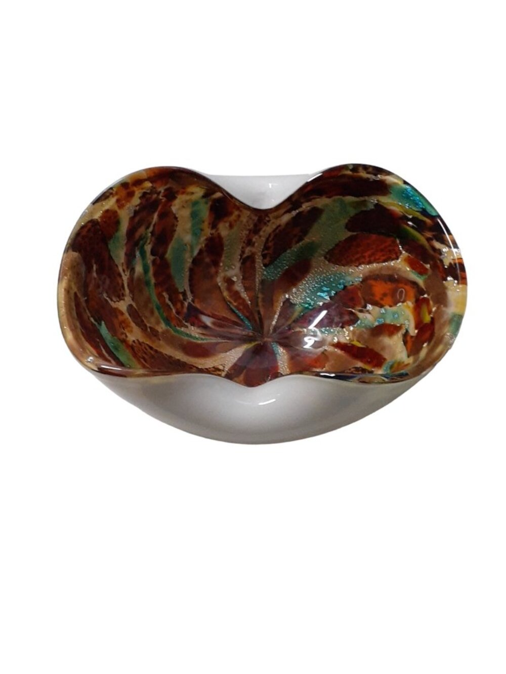 Italian Art Glass Bowl Multicolor Folded Leopard Print Gold Flecks Sparkles 5.5"